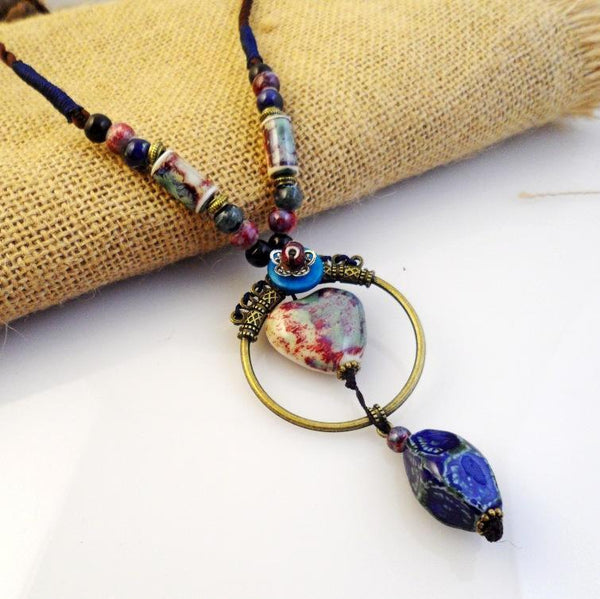 Hand Woven Retro Pendant Love Ceramic Necklace