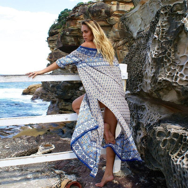 Ethnic Boho Style Floral Print Off the Shoulder Long Dress