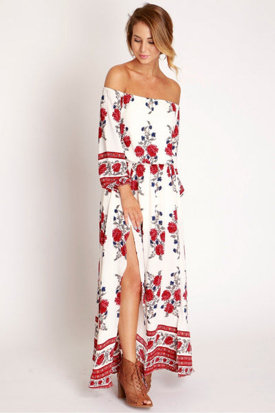 Floral Print Off Shoulder Split Beach Maxi Dress