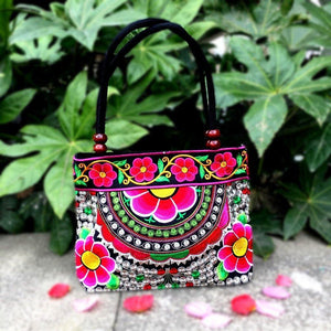 Sun Flower Embroidery Ethnic Travel Women Shoulder Bags Handmade Canvas Wood Beads Handbag - hiblings