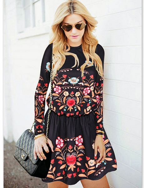 Boho Black Floral Long Sleeve Round Neck Mini Dress