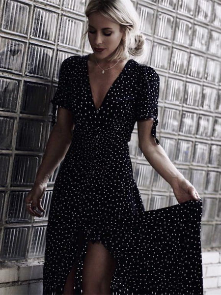 Polka Dot V Neck Short Sleeve Beach Dress