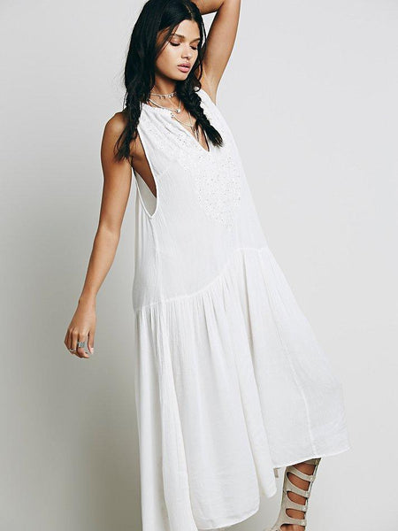 V-NECK EMBROIDERY SLEEVELESS LONG DRESS