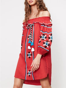 Fashion Embroidery Off-the shoulder Tassels Mini Dress