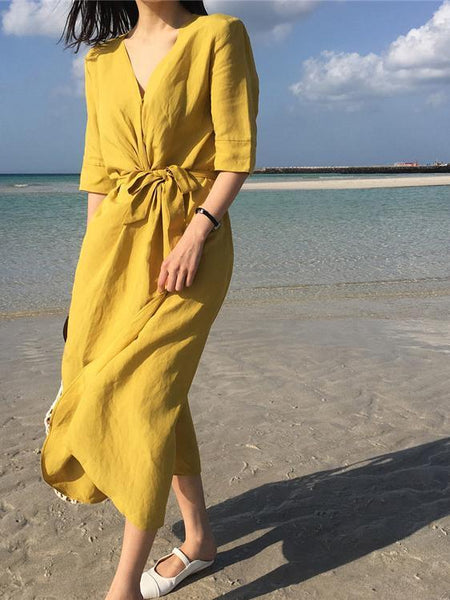 V-NECK HIGH-WAIST LINEN LONG DRESS