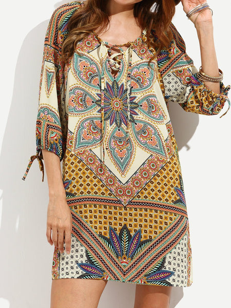 Stylish Bohemian printed long-sleeved dress - 2