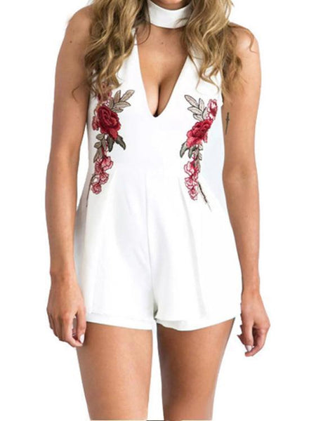 2018 New Halter V Neck Rose Embroidered Rompers