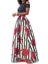 Load image into Gallery viewer, Solid Color Cold Shoulder Tops High Waist Rose Print Skirt 2 Pieces Set