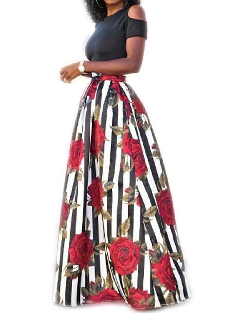 Solid Color Cold Shoulder Tops High Waist Rose Print Skirt 2 Pieces Set