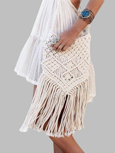 Vintage Knit Tassel White Casual Bag For Women