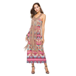 Halter dress fashion sexy printing buttocks sleeveless sexy tassel hip skirt