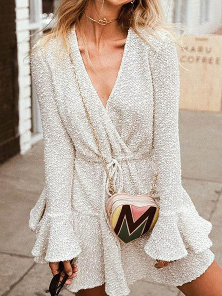 White V Neck Long Sleeve Belted Mini Dress