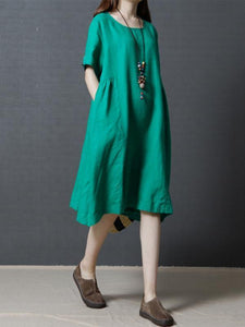 Linen Cotton Solid Color Short Sleeve Loose Dress