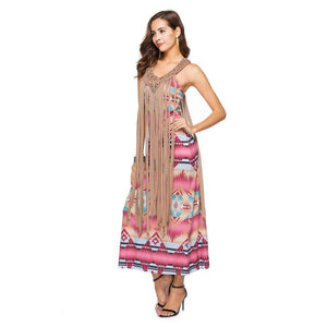 Halter dress fashion sexy printing buttocks sleeveless sexy tassel hip skirt