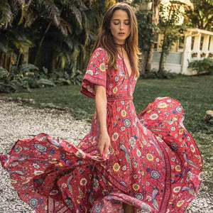 Print V Neck Short Sleeve Summer Boho Dress