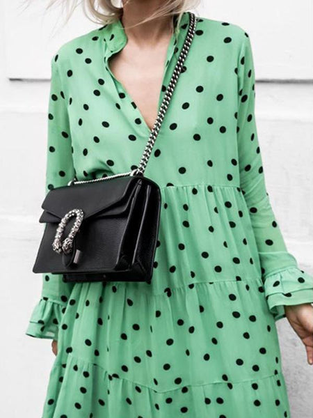 Polka Dot Long Sleeve V Neck Loose Maxi Dress