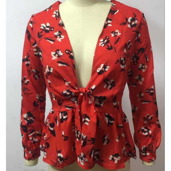 Floral Red Long Sleeve V-Neck Autumn Shirt Tops