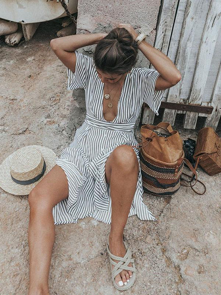 Stripe Backless Short Sleeve Beach Dress