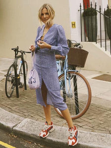 2018 Print V Neck Long Sleeve Button Maxi Dress