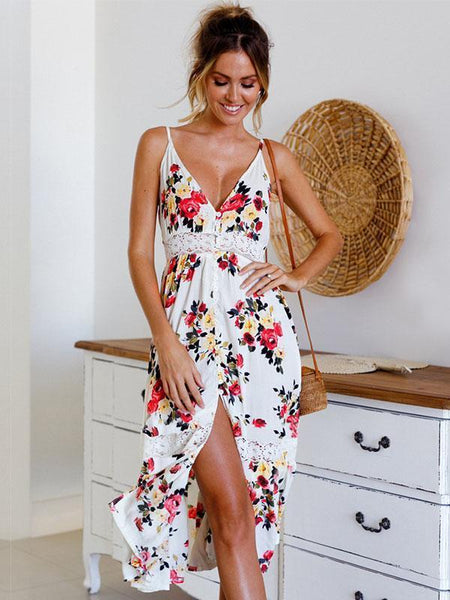 Floral Print Spaghetti Strap Split Beach Dress