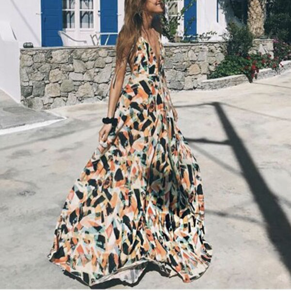 Print Backless Beach Bohemia Maxi Dress