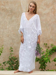 Embroidered V Neck Beach Maxi Dress