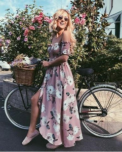 Flower Print Off Shoulder Split Dress