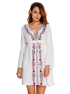 Embroidered V Neck Long Sleeve Beach Bikini Cover Up