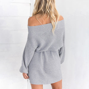 Knit Off Shoulder Long Sleeve Autumn Sweater Mini Dress