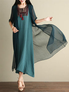 Embroidered Loose Casual Linen Cotton Maxi Dress