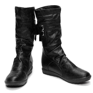 Big Size Pure Color Lace Up Mid Calf Flat Knight Boots