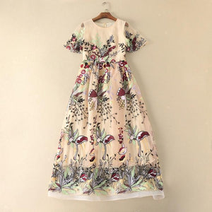 Elegant Embroidered Round Neck Short Sleeve Maxi Dress