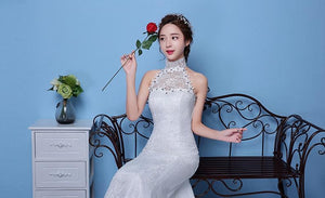 Bride Lace shoulders waist fishtail big red wedding dress