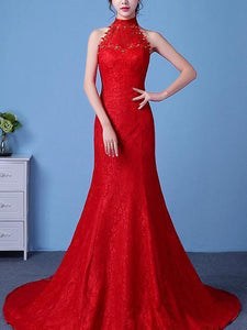Bride Lace shoulders waist fishtail big red wedding dress