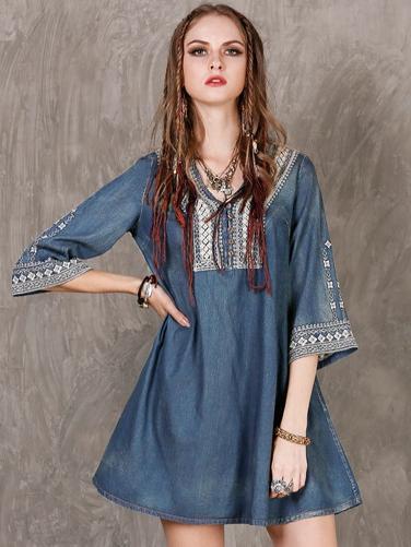 Vintage Embroidery Large Size Loose A-line Denim Dress