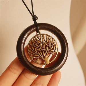 Retro National Style Simple Wooden Ring Tree Long Necklace Sweater Chain
