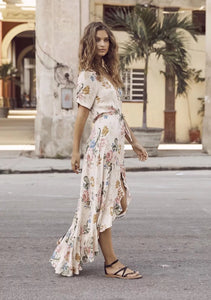 Chiffon Floral Print Short Sleeve Irregular Maxi Dress