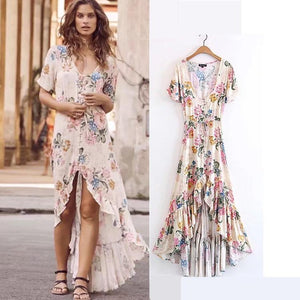 Chiffon Floral Print Short Sleeve Irregular Maxi Dress