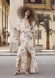 Chiffon Floral Print Short Sleeve Irregular Maxi Dress