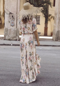 Chiffon Floral Print Short Sleeve Irregular Maxi Dress