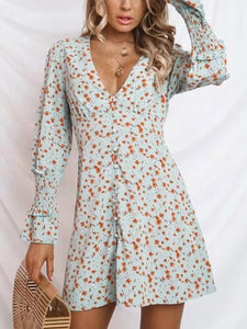 V-neck Floral Long Sleeves Button Front Midi Dress