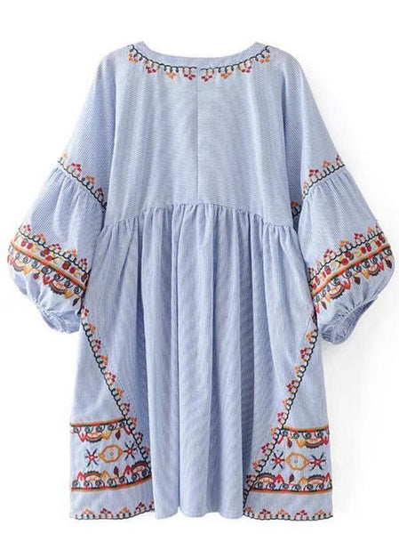 Embroidered Puff Sleeves Mini Dress