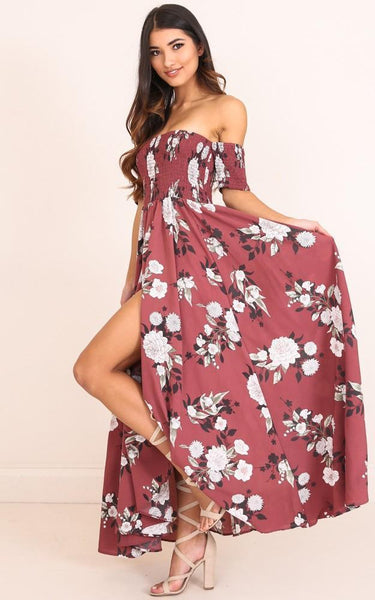 Print Off Shoulder Split Beach Boho Maxi Dress