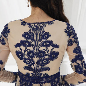 Blue Flower Heavy Work Embroidery Deep V-Neck Mesh Long Maxi Dress