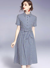 Load image into Gallery viewer, Stripe Lapel Neck Short Sleeve Belt Dress