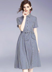 Stripe Lapel Neck Short Sleeve Belt Dress