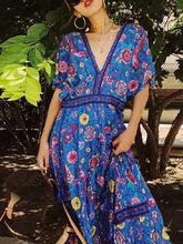 Load image into Gallery viewer, Print V Neck Short Sleeve Summer Boho Dress