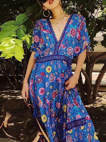 Print V Neck Short Sleeve Summer Boho Dress