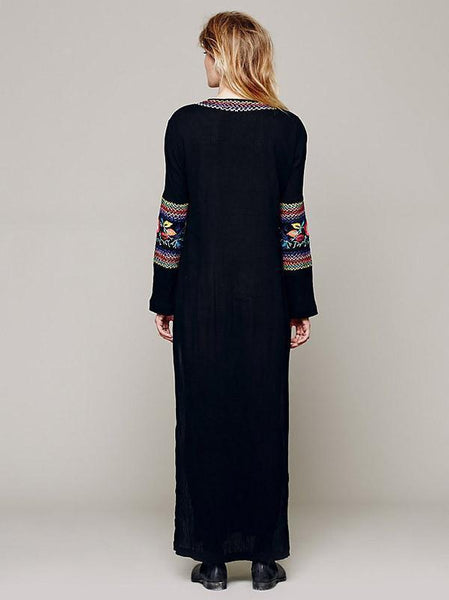 Pretty Bohemia Embroidery Long Sleeve V Neck Side Split Maxi Beach Dress