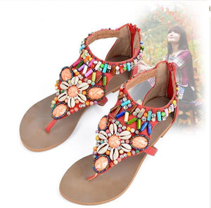 Ethnic Style Women Summer Bohemian Stone Bead Flat Sandals